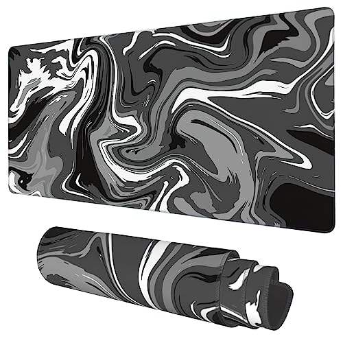 Desk Mat, Abstract Black White Ink Liquid Waves Extended Gaming Mouse Pad Large, 35.4"x15.7" Big Mouse Pad with Non-Slip Base and Stitched Edge, Long Computer Keyboard Mouse Mat for Home Office Work - color: Abstract Black White Ink Liquid Waves, size: XX