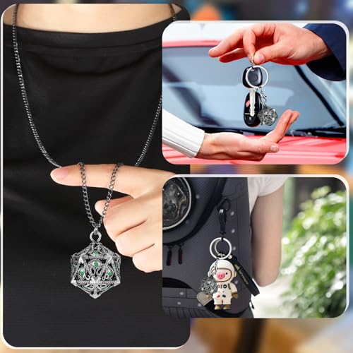 Mini DND Dice Set with Hollow D20 Metal Case Portable Keychain Necklace, Tiny 7pcs Polyhedral D&D Dice Set, DND Gifts with Gift Box, D&D Accessories for RPG（Green Diamond, Silver） - color: Dark Silver