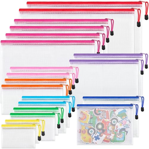JARLINK 20 Pcs Mesh Zipper Pouch Bags, 8 Sizes Waterproof Zipper Bags | Multi-use Travel Bags for Office, School, Board Game, Puzzles, Cosmetics, Travel Accessories, and Home Organization, 9 colors - style: 20pcs