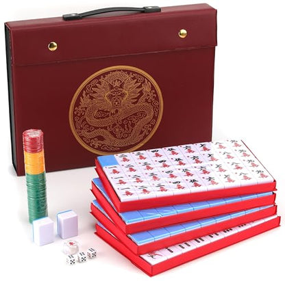 Mose Cafolo Chinese Mahjong Game Set 1.5" X-Large 144 Numbered White Blue Melamine Tiles with Carrying Travel Case,Complete Majong Majiang, Mah Jonng Game Set - color: Blue Tiles