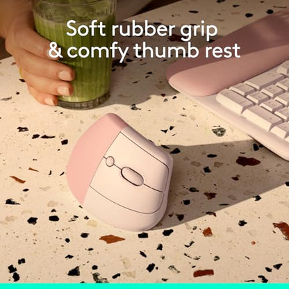 Logitech Lift Vertical Ergonomic Wireless Mouse - Rose | Connect via Bluetooth or included Logi Bolt USB-A receiver, quiet clicks, 4 of 6 buttons customizable, Windows Mac compatible - color: Rose, style: Right-Handed