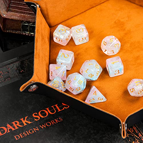 UDIXI 11-Pieces DND Dice Set D&D Polyhedral Dice Iridecent Swirls for RPG | Pink & Cyan Colors, Gold Number, Velvet Dice Bag Packaging, for Dungeons and Dragons Role Playing Games and Tabletop Games - color: 11 Piece Pink Cyan Glitter Dice