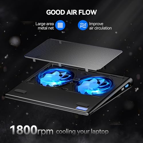 TECKNET Laptop Cooling Pad - 12"-15.6" Laptop Cooler with Quiet Cooling Fan | USB-A & USB-C Powered Cooling Stand with Adjustable Wind Speeds for Gaming, Work & Everyday Computing, Blue LED - color: Blue