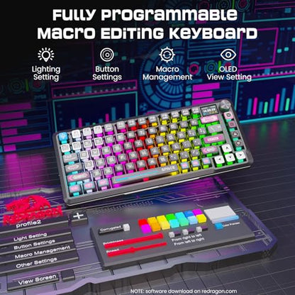 Redragon Wireless Mechanical Gaming Keyboard - Gasket-Mounted RGB Backlit, Custom Keys, 3-Mode(Bluetooth/2.4G/USB), Hot-Swap Pre-Lubed Switches, Screen & Control Knob - Cyber Mecha Style, Plasma Arc - color: Plasma Arc