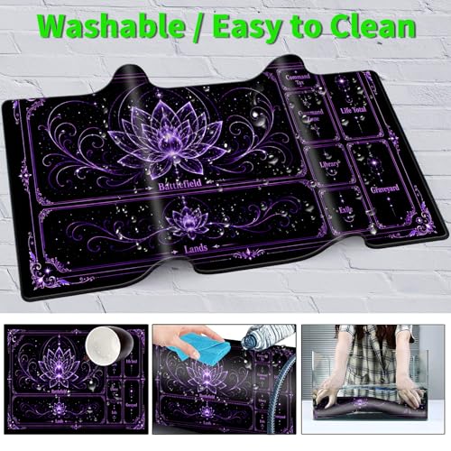 Playmat for MTG with Zones, 24 x 14 Inch Card Game Mat, Stitched Edges, Non Slip Rubber Base, 2mm Washable Play Mat with Storage Bag, Lotus Flower Design, Purple Color - color: Purple