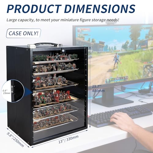 Miniature Display Case with 6 Removable Trays, Wooden Collectibles Storage Box with Clear Lid, Portable Miniatures Organizer for Tabletop Figurines & Models (Black)