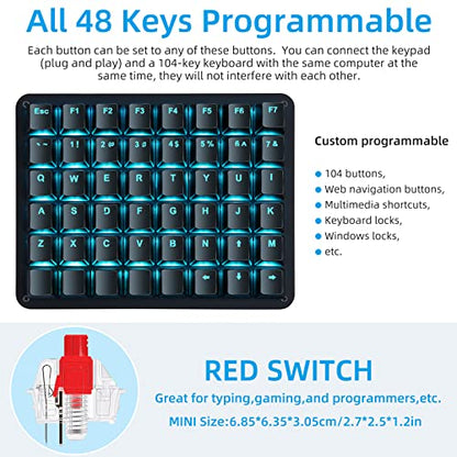 Koolertron Single-Handed Macro Mechanical Keyboard, Blue LED Backlight Portable Single-Handed Mechanical Gaming Keyboard 48 Fully Programmable Keys Red Axis