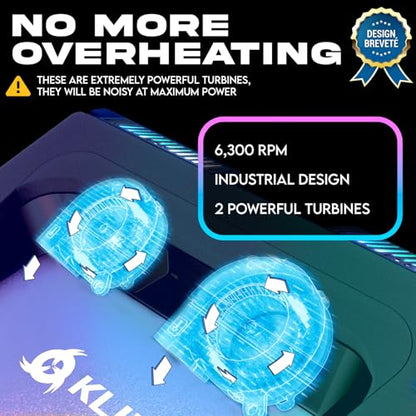 KLIM Everest Plus Gaming Laptop Cooling Pad - 6300 RPM Turbo Fan Cooler | Powerful DC cooling pad with dual turbo fans, RGB lighting, sealed foam design, cools fast. Fits 11-17.3in laptops.