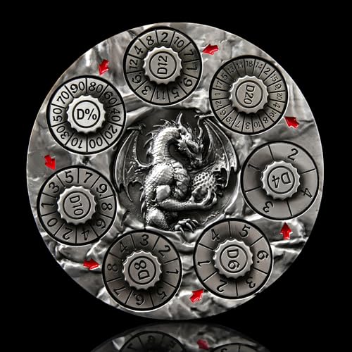7-in-1 Spinner Dice Set – 3D Metal Dragon-Embossed Polyhedral RPG Accessory Role Playing Dice for Dungeons & Dragons, Pathfinder, RPG and Tabletop Games (D4, D6, D8, D10, D%, D12, D20) Sliver - color: New-sliver