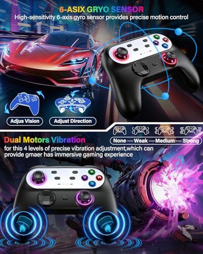 Switch Controller Compatible with Nintendo Switch/Switch Lite/OLED/PC | Programmable Wireless Switch Controller with 10 LED Light, 6-Axis Motion, Turbo, Vibration, One-Key Wake Up & Pairing - color: black and white