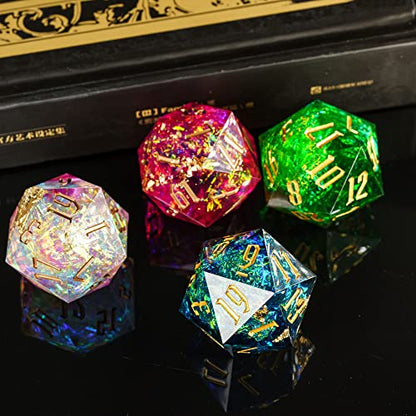 Cusdie Single D20 DND Dice with Sharp Edges and Glitter Foil Inclusions, 20 Sided D&D Dice, 33mm Handcrafted, for Role Playing Game (Green) - color: Green