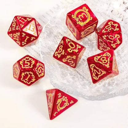DND Dice Set - 7 Polyhedral Role Playing Dice with Gold Dragon Design, Acrylic D&D Dice Perfect for Dungeons and Dragons, Pathfinder, Warhammer, RPG Games (Red) - color: Gold Dragon-red