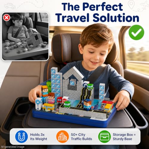 Strong Magnetic Travel Blocks：Great for on-the-go Play Ages 3-8 | Ideal Travel Play for Car Backseats & Airplane Tray Tables-City Traffic Magnetic Blocks Set for Kids - style: City Traffic 100