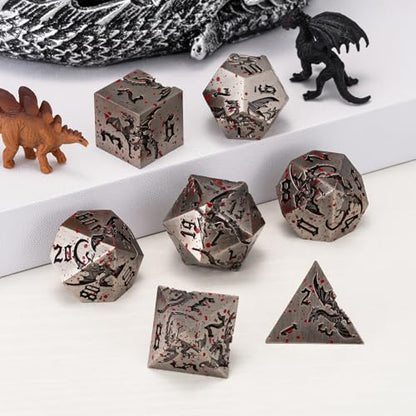 Metallic DND Dragon Dice Set,Metal Sharp Edge Polyhedral Dice with Dragon for Dungeons and Dragons RPG TTRPG D&D 7-Die Set with Gift Case - color: Dragon-ancient Nickel Bloodstain
