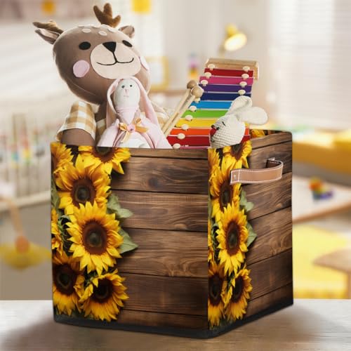 13x13 Inch Storage Basket Bin Sunflower On Wooden Board Polyester Cloth Storage Cube Box Toys Clothes Towels Organizer for Kids Room Bedroom Shelves Pantry