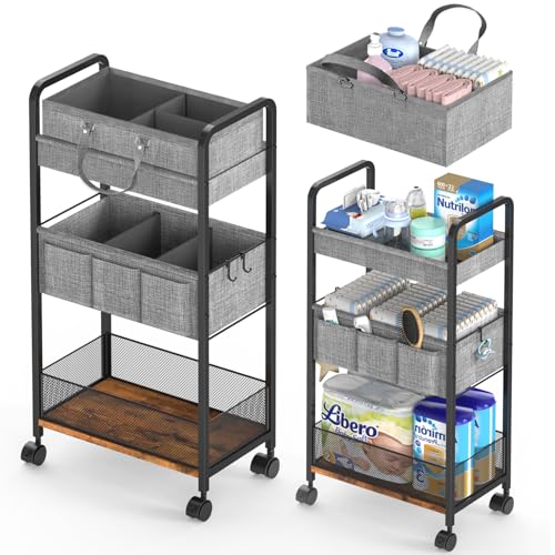 LIDTOP 2In1 Baby Diaper Caddy & 3-Tier Rolling Diaper Cart, Diaper Caddy Organizer Cart with Dividers, Mobile Metal Utility Cart for Nursery Essentials, Detachable Bedside Cart, Large Capacity - color: Black