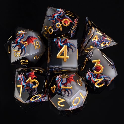 Dragon Pattern Double Layered Black and White Resin DND Dice Set, d4 d6 d8 10 d12 d20 7Pcs Sharp Edge D&D Dice for RPG MTG D and D Role Playing Desktop Games - color: Dragon Black+white