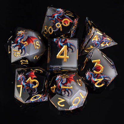 Dragon Pattern Double Layered Black and White Resin DND Dice Set, d4 d6 d8 10 d12 d20 7Pcs Sharp Edge D&D Dice for RPG MTG D and D Role Playing Desktop Games - color: Dragon Black+white