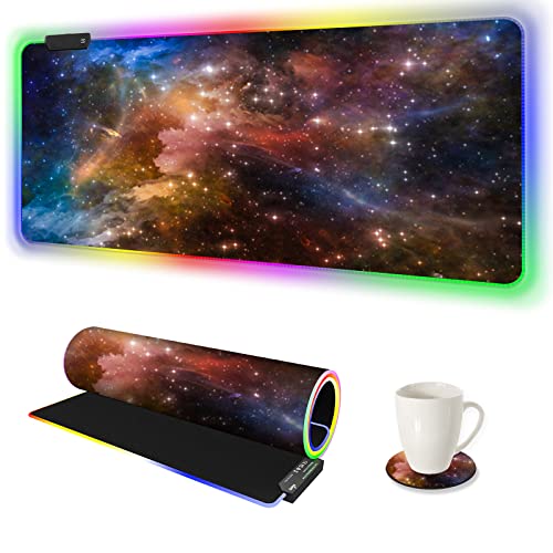 AIMSA Large Gaming Mouse Pad RGB, Keyboard Led Mousepad Extended 35.4 x 15.8 inch Non-Slip Rubber Base with 14 Lighting Modes Desk Mat, Colorful Galaxy Nebula - color: Colorful Galaxy Nebula