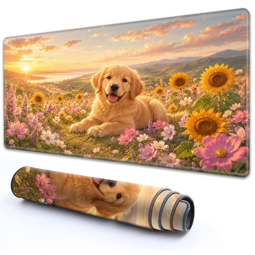 for TCG MTG Commander Playmat 24 x 14 Inch Trading Card Game Mat | Thick Non Slip Rubber Playmat With HD Fade Resistant Printing for All Card Games, Golden Dog Sunflower Wildflower - color: Golden Dog Sunflower Wildflower, size: 24" x 14"