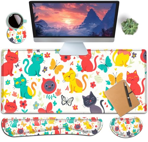 Large Gaming Mouse Pad+ Keyboard Wrist Rest Set, Ergonomics Memory Foam Mouse Mat Wrist Rest Support for Home Office, Waterproof Extended Mousepad 31.5x11.8in, Cute Cartoon Cats White Desk Pad - color: Yvb-mousepad-9-f-162