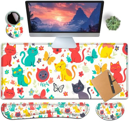 Large Gaming Mouse Pad+ Keyboard Wrist Rest Set, Ergonomics Memory Foam Mouse Mat Wrist Rest Support for Home Office, Waterproof Extended Mousepad 31.5x11.8in, Cute Cartoon Cats White Desk Pad - color: Yvb-mousepad-9-f-162