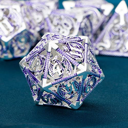 ARUOHHA Hollow DND Metal Dice Set Purple Dragons D and D Dice, RPG Role Playing Games Dungeons Polyhedral Dice with Gift Box D20 D12 D10 D8 D6 D4 - color: Silver Purple