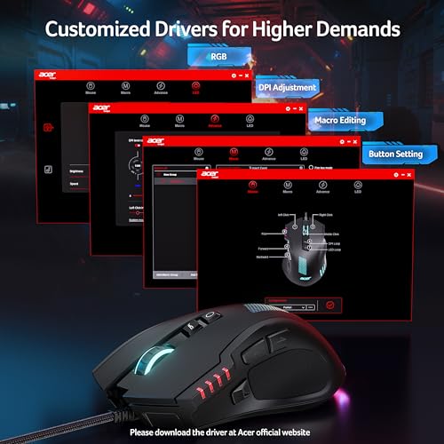 Acer Wired Gaming Mouse, 12,800 DPI RGB Ergonomic Computer Mouse for PC | Optical Sensor, 12 Backlit Modes, 8 Programmable Buttons, Software for DIY Keybinds, Rapid Fire, USB Mouse for Laptop