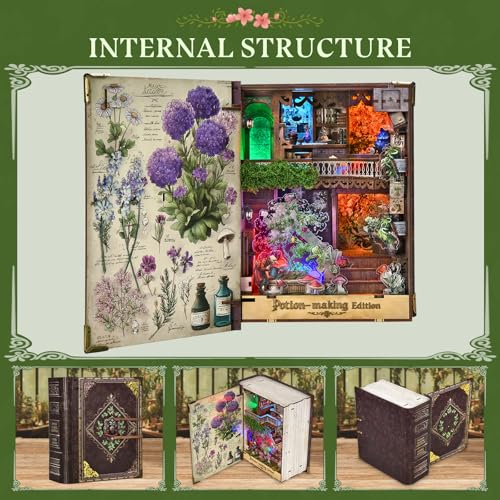 MiniCity Potion-Making Book Nook Kit, 3D Wooden Bookshelf Puzzle with LED | 229-piece book-style DIY kit with LED and dust cover; glue/tools and guide included; 4-6 hr build for shelf decor, ages 14+. - style: Potion-Making Edition