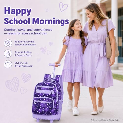 3Pcs Rolling Backpack for Girls Teens, 19" Wheeled Backpack with Lunch Box, Polka Dots Travel Roller Backpack for Women College Students (Purple) - color: Starry Sky Heart Purple