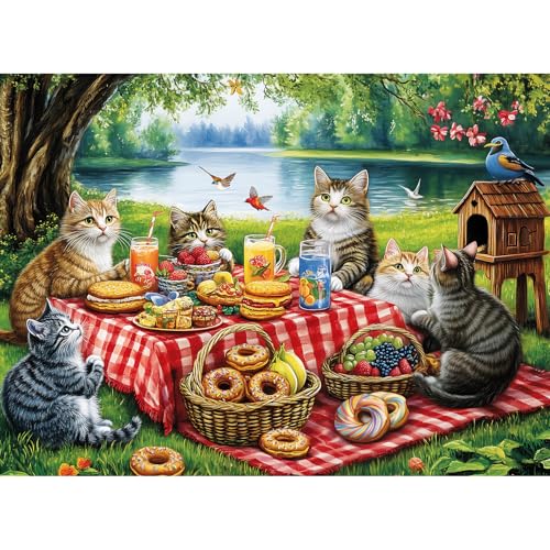 500 Piece Puzzles for Adults,Cat Picnic Party Jigsaw Puzzle,Letters on Back | Adorable Cats Picnic by The Lake Puzzle, Cat Lovers Gift, Perfect Fit No Dust,Ideal for Family Game Nights Home Décor 20x15in - color: Cat Family Dinner