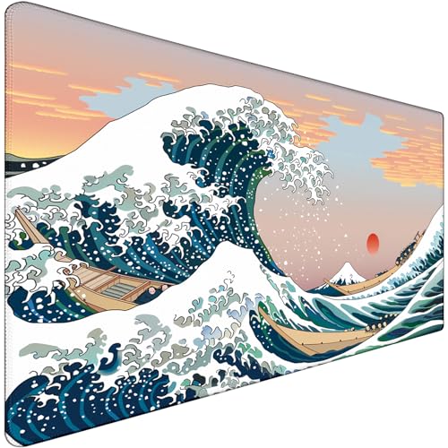 Japanese Large Gaming Mouse Pad with Extended Stitched Edges, (31.5X15.7In) Durable Non-Slip Natural Rubber Base, Waterproof Computer Pad for Esports Pros/Gamer/Office/Home, Sunset Sea - color: Sunset Sea