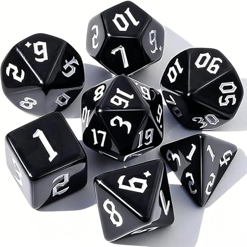 CiaraQ 7pcs Polyhedral Dice Set for Dungeon and Dragons MTG Table Games | Acrylic Role Playing Dice for D&D with Black Velvet Bag – Solid Black – Standard Size – Ages 14+ - color: Black & White Numbers
