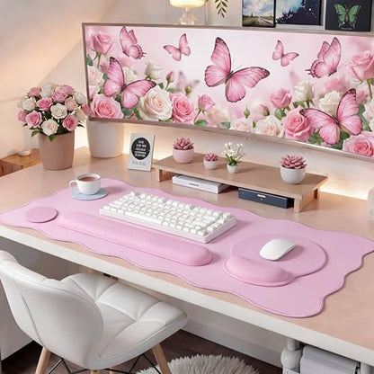 Sabary Scalloped Desk Mat Keyboard Mouse Pad Set 31.5 x 15.7 Inch Pink Table Mat Keyboard Wrist Rest Cute Preppy Mouse Pad with Wrist Rest Coaster Ergonomic Non-Slip Waterproof Gaming Desk School - color: Pink, size: 31.5 x 15.7 Inch