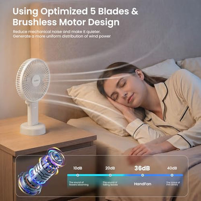 HandFan Quiet 6 Inch Handheld Fan [34H Max Cooling Time], 6 Speed Rechargeable Personal fan and Desktop with Base, 180° Foldable for Travel Concerts Makeup Office (White) - color: whtie