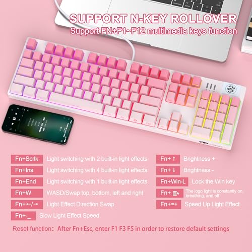 MageGee Mechanical Gaming Keyboard, Wired USB RGB Backlit Keyboard, 104-Key 100% Anti-Ghosting Mechanical Keyboard with Red Switches, Side-Printed Keycaps for Windows PC & Mac - color: Rose powder red switch