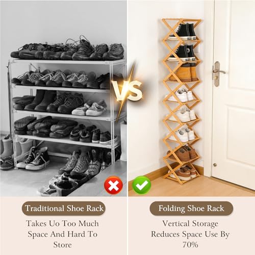 Foldable Shoe Rack, Tier No-Assembly Bamboo Rack, 2026 New Portable Bamboo Corner Shoe Rack, Multifunctional Narrow Shoe Shelf for Entryway, Closet, Corner, Bedroom (6 Layers)