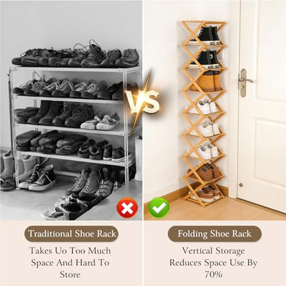 Foldable Shoe Rack, Tier No-Assembly Bamboo Rack, 2026 New Portable Bamboo Corner Shoe Rack, Multifunctional Narrow Shoe Shelf for Entryway, Closet, Corner, Bedroom (6 Layers)