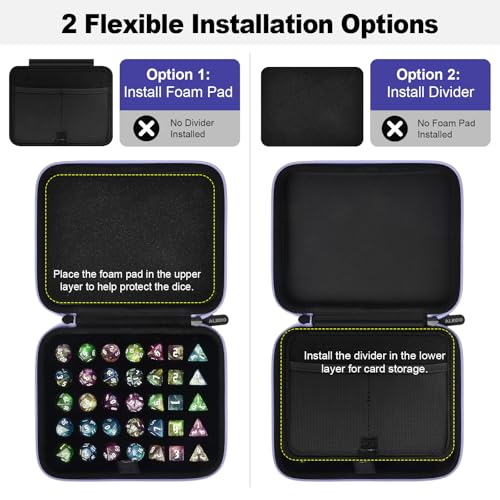 Hard DND Dice Case for 5 Polyhedral Dice Sets, Case Only | Hard shell dice case, holds 5 polyhedral sets, with removable divider and dual mesh pockets for DND/RPG game nights - color: Purple
