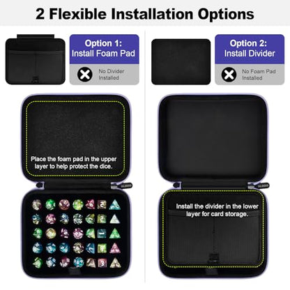 Hard DND Dice Case for 5 Polyhedral Dice Sets, Case Only | Hard shell dice case, holds 5 polyhedral sets, with removable divider and dual mesh pockets for DND/RPG game nights - color: Purple