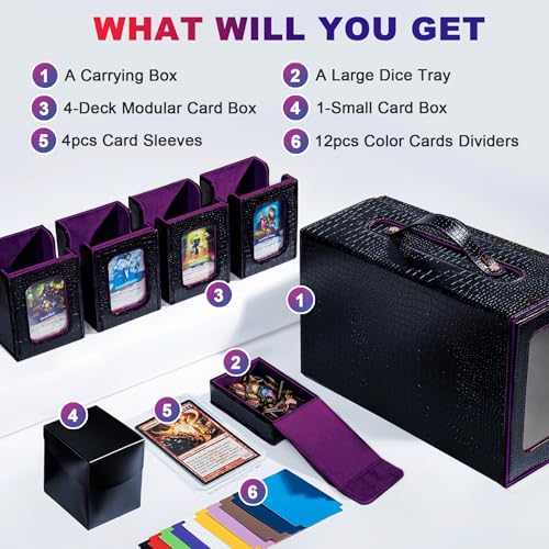 Dragon Pattern Commander Deck Box for MTG, 5-Deck Modular Card Case with Dice Tray, Holds 600+ Double-Sleeved Cards and 35PT Magnetic Card Holders, for Trading Cards & TCG Collections（Black Purple） - color: Clutch Texture - Black Purple