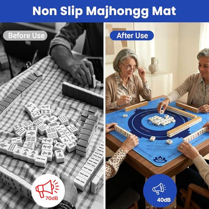 Mahjong Mat with Rules, 32.2 Inch Square Mahjong Mats for Table, Noise Reduction Mah Jong Mat, Rubber Anti-Slip Base for Board Games, Tiles Game & Dominoes Blue - color: Blue