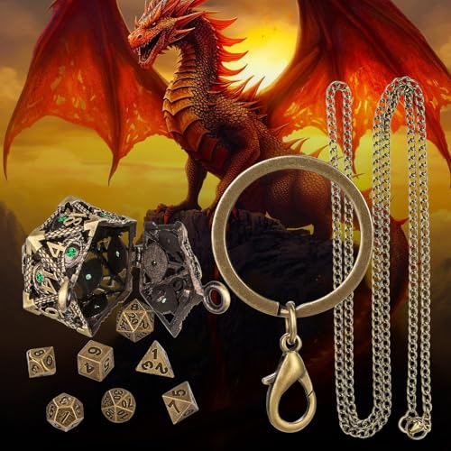 Mini DND Dice Set with Hollow D20 Metal Case Portable Keychain Necklace, Tiny 7pcs Polyhedral D&D Dice Set, DND Gifts with Gift Box, D&D Accessories for RPG（Green Diamond, Bronze） - color: Bronze