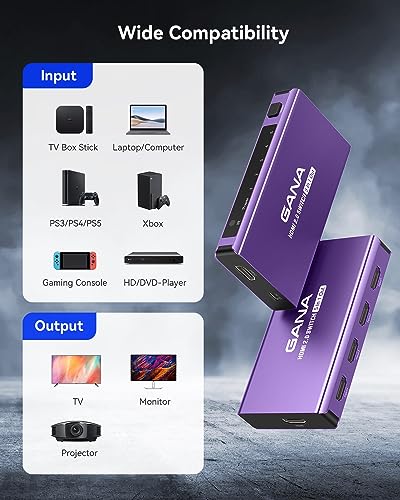 HDMI Switch 5 in 1 Out 4K@60Hz, GANA HDMI Splitter Switcher with Remote, Aluminum HDMI 2.0 Switch Box Hub for 3D, HDCP2.2, HDR, Compatible with Xbox, PS5/4/3,Fire Stick,Roku,Blu-Ray Player, Purple - color: Purple