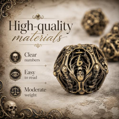 Metal Dice Set for DND - 7pcs with Gift Box, Perfect D&D Gift (Openwork Skull) - color: Openwork Skull