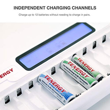 Tenergy 12 Pack Centura AA Rechargeable Batteries and TN160 12-Bay Smart Battery Charger, 12 Pack AA Low Self-Discharge Batteries and Charger for Remote Controllers, Toys, and More - size: Charger + 12 Pack Centura AA