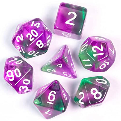7-Die DND Dice Set Polyhedral Dice Set with a Leather Dice Bag, D&D Dice Set for RPG Table Games (T/Purple Green) - color: T/Purple Green