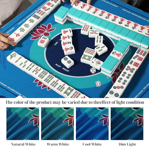HOMBYS Elegant Lotus Mahjong Table Cloth 55x55 Inch, Square Mahjong Mat with Beginner Game Rules, Spill-Resistant Cover for Card & Tile Game Tables (Lake Blue) - color: Lake Blue