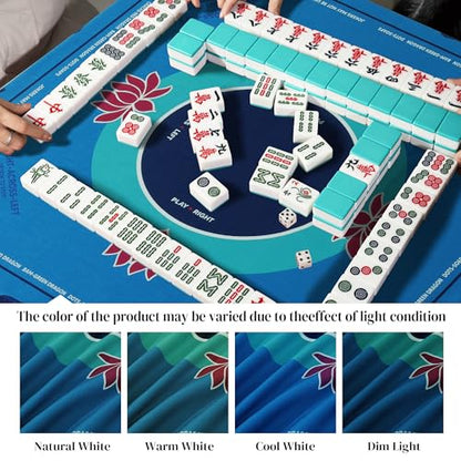 HOMBYS Elegant Lotus Mahjong Table Cloth 55x55 Inch, Square Mahjong Mat with Beginner Game Rules, Spill-Resistant Cover for Card & Tile Game Tables (Lake Blue) - color: Lake Blue