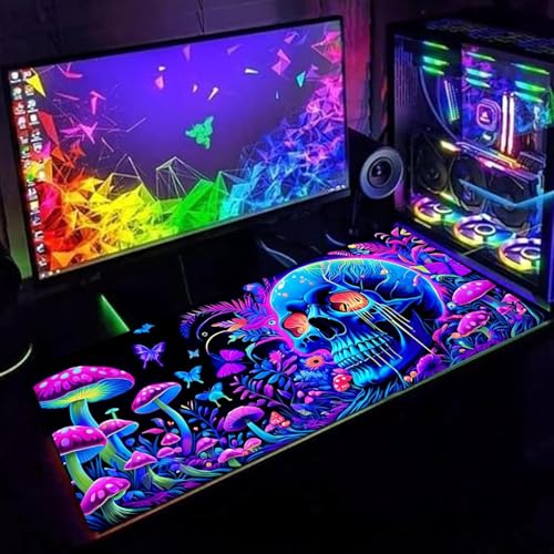 Simpkeely Large Skull Mushroom Gaming Mouse Pad - UV Light Reactive Neon Glow Butterfly Mat Waterproof XL Non-Slip Rubber Base for Computer & Keyboard, 31.5" x 11.8" - color: Skull Mushroom